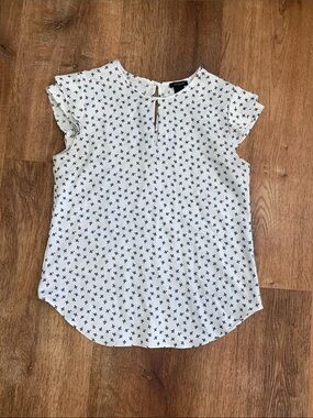 Ann Taylor White Top with Navy Floral Motif